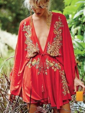 Free People Pretty Pineapple Dress Poppy Red Gold Embroidered Boho Mini Size M